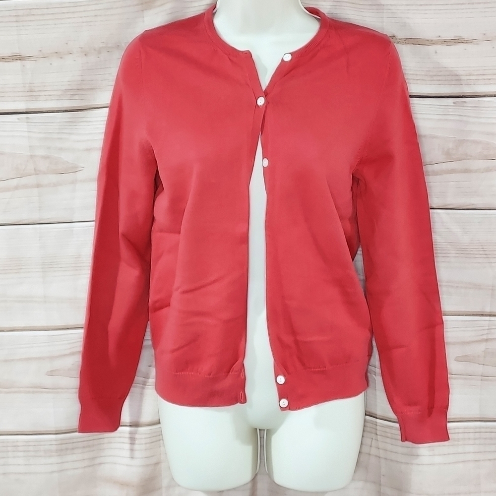 Eddie Bauer cardigan sweater button long sleeve stretch coral pink watermelon S